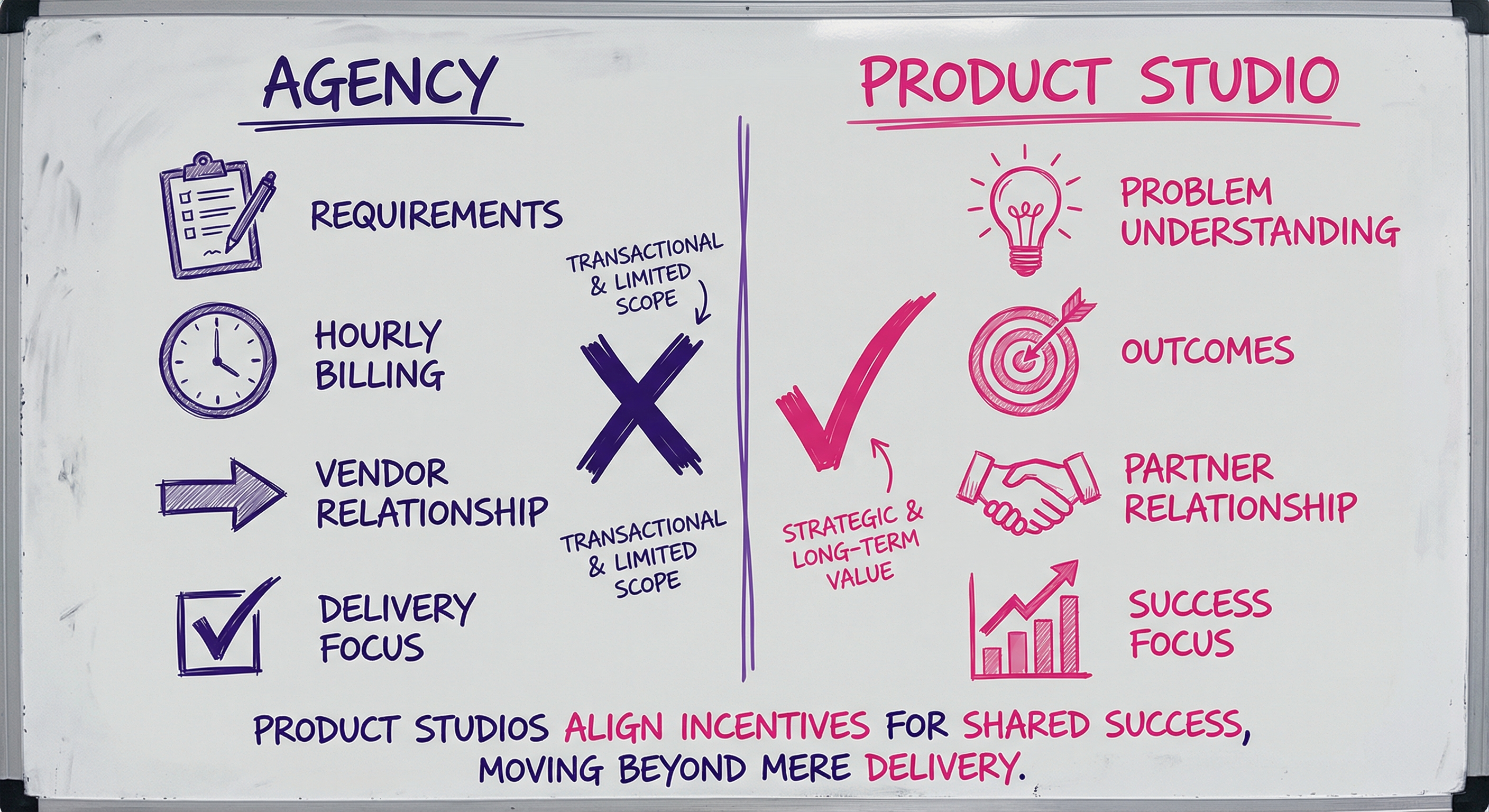 Agency vs Product Studio: The fundamental difference lies in what gets measured—delivery completion vs. actual product outcomes.