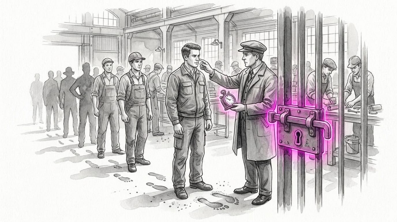 Inspector checking a worker at the factory gate before opening it