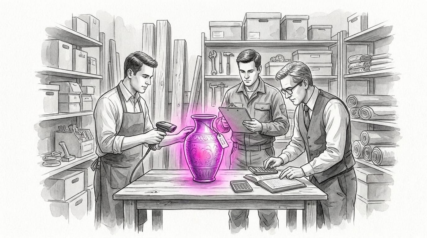 A cashier, stock keeper and accountant reconcile one returned vase with their records