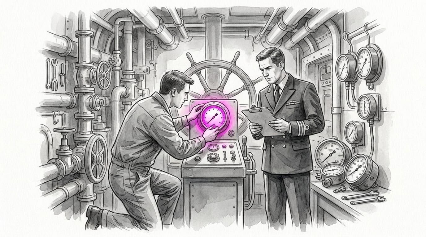 Navigator and mechanic calibrate an engine gauge, a metaphor for a finance dashboard grounded in reliable data.