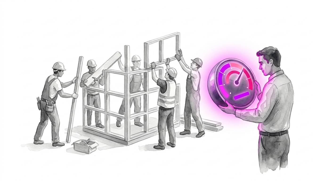 Workers building a focused MVP while an engineer reads a glowing gauge — the build is the instrument, the benchmark is the reading