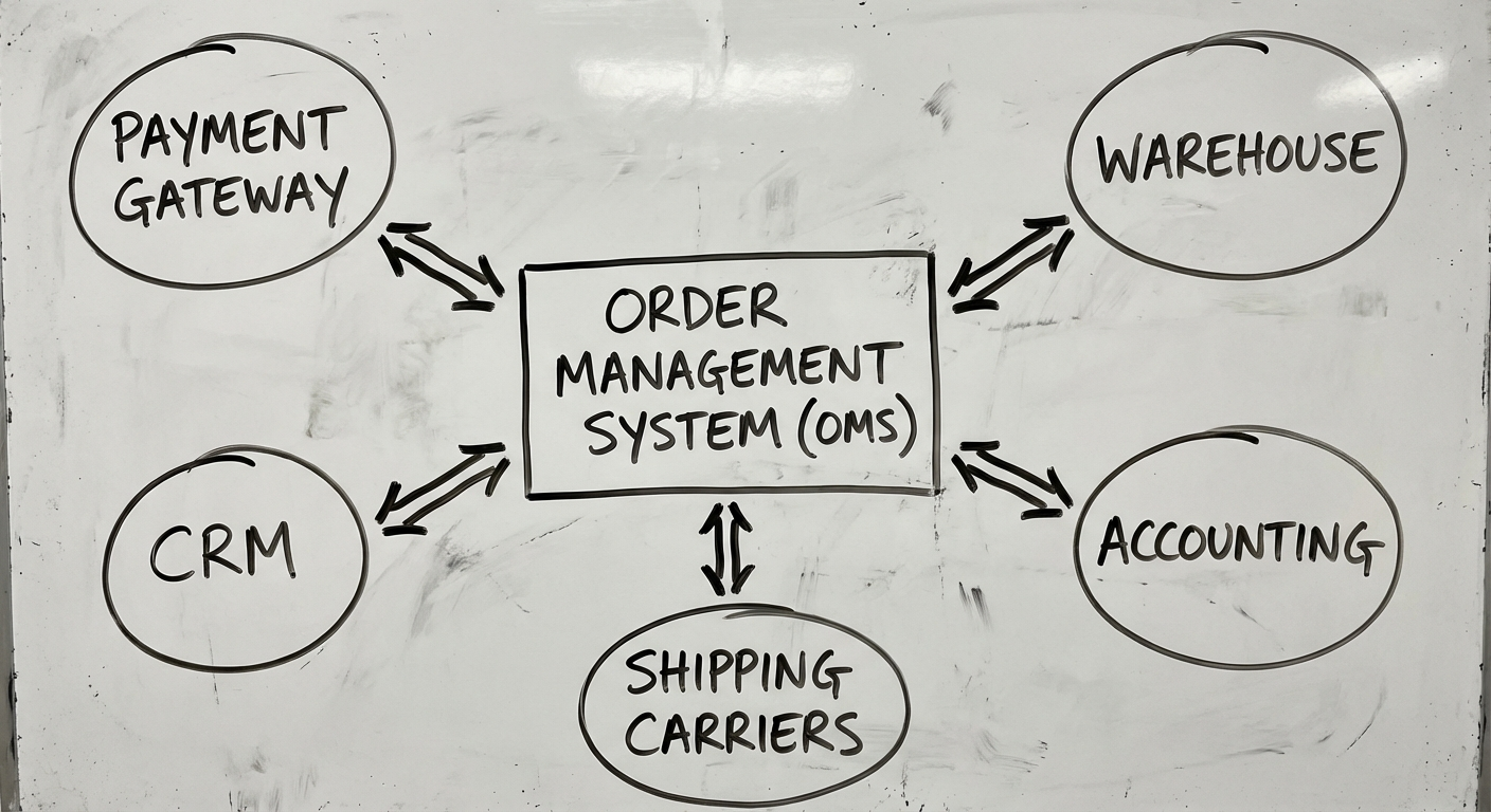 OMS system integration architecture connecting channels, inventory, shipping, and accounting