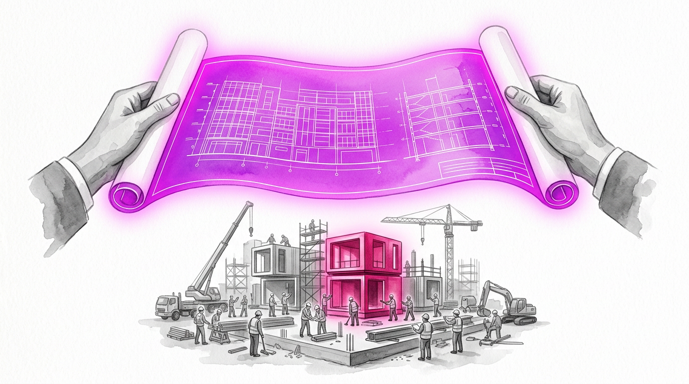 Client and partner hands jointly holding a glowing blueprint above a small construction site — shared ownership of the plan before the build