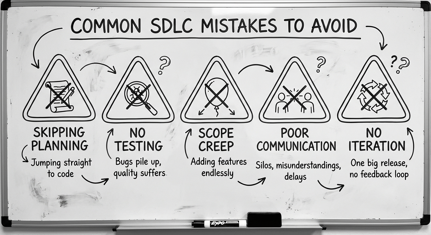 Five SDLC mistakes mapped to fixes: skipped requirements, missing stakeholders, late testing, ignored maintenance, and methodology dogma