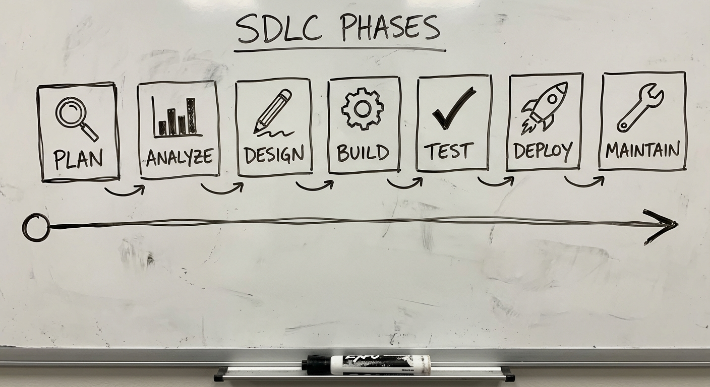 Detailed SDLC phase map showing the evidence gate each phase should produce before the team moves forward