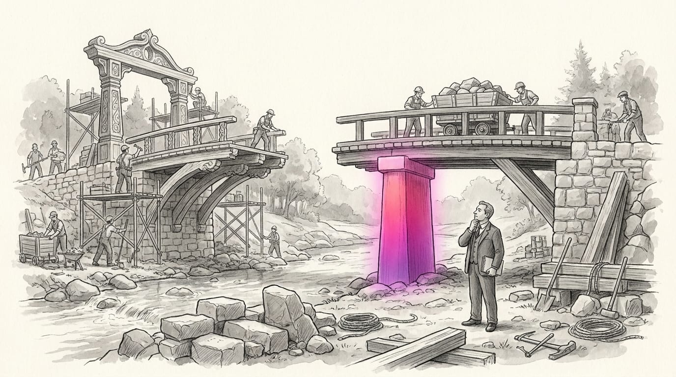 Two bridge crews: an ornate entrance stops midway while a sturdy highlighted support carries a working bridge.