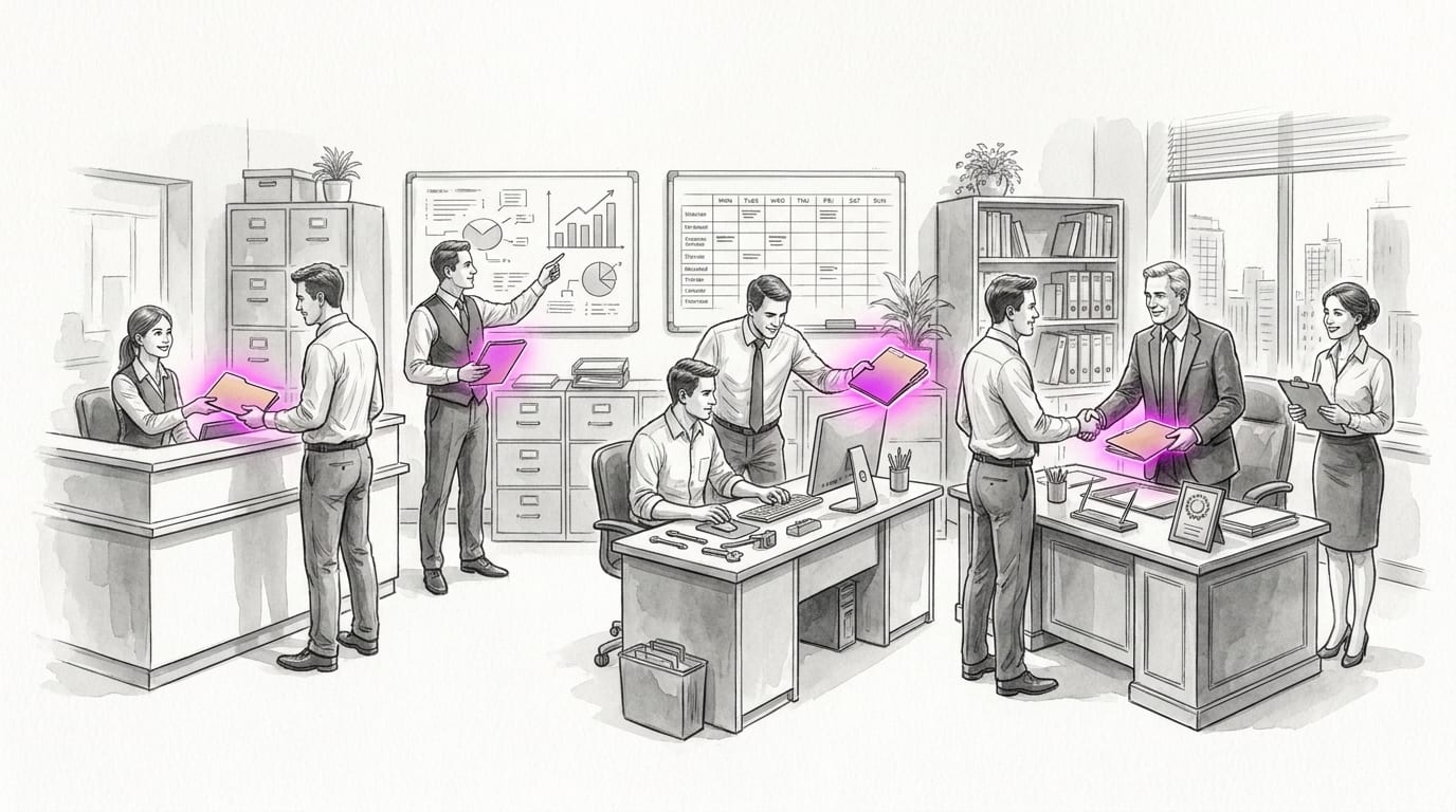 HR team handing employee folders across the stages of work