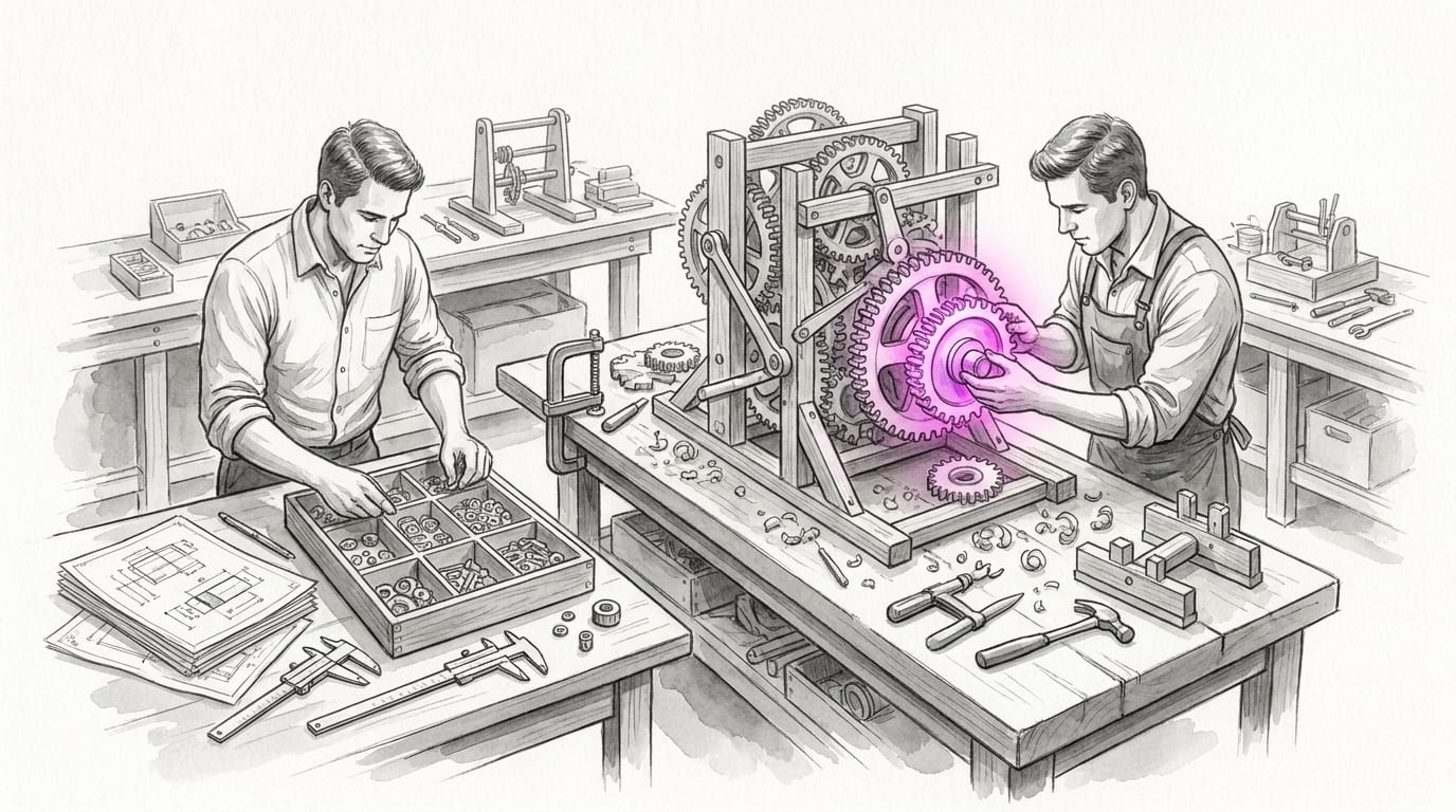 Craftspeople fit a missing cog into a workshop mechanism, a metaphor for connected manufacturing decisions.