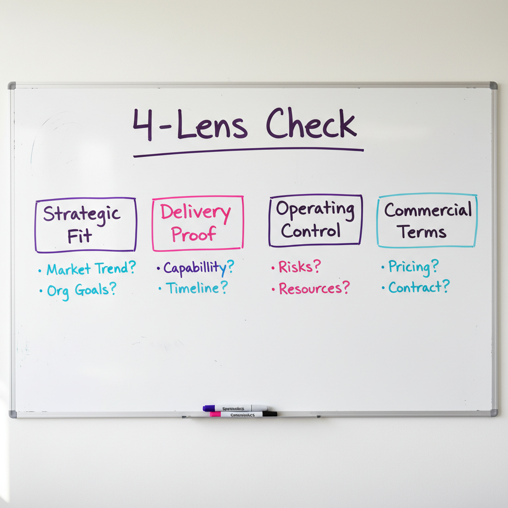 The four-lens vendor due diligence check: strategic fit, delivery proof, operating control, and commercial terms