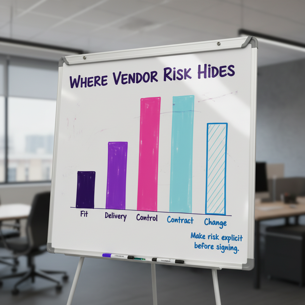 Directional chart showing where software vendor risk hides across fit, delivery, control, contract, and change risk