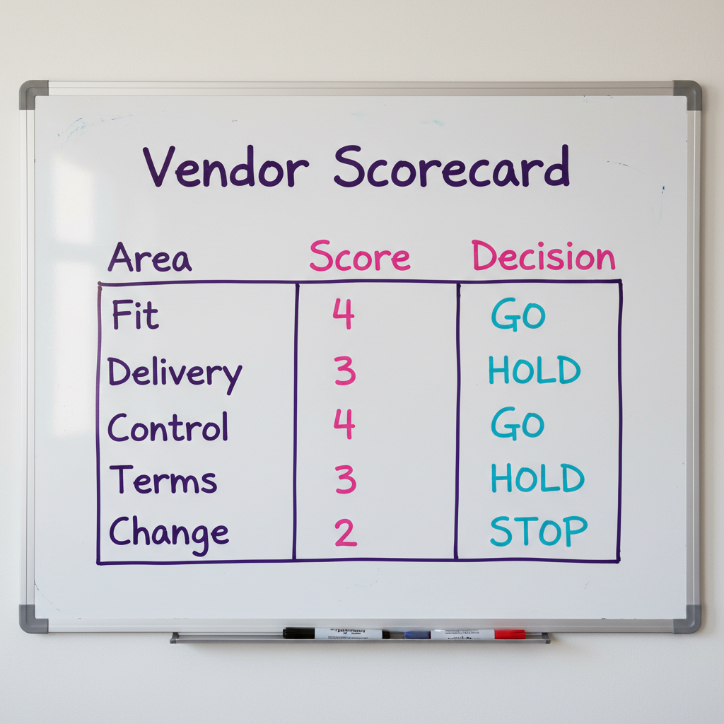 Vendor decision scorecard showing weighted risk areas before signing a software contract